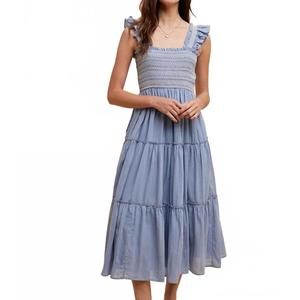 NEW IN-LOOM contrast stitched smocked maxi dress in airy blue